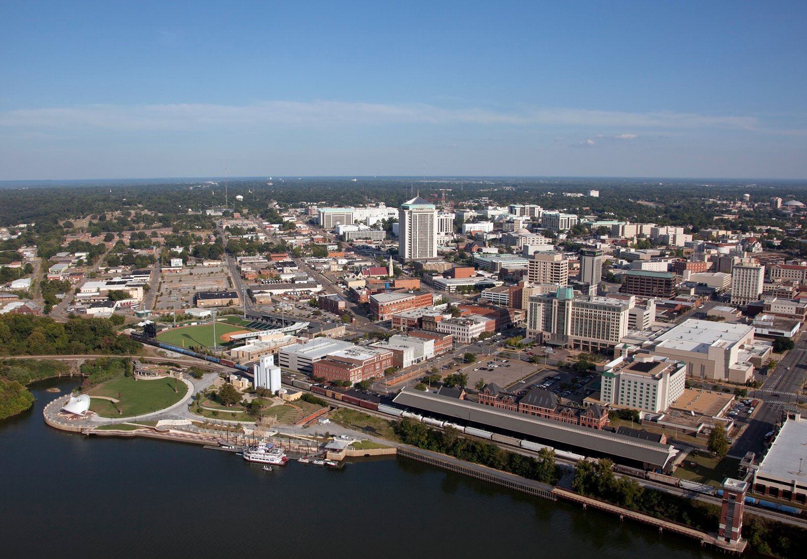 Aerial view of Montgomery Alabama skyline with the Alabama River